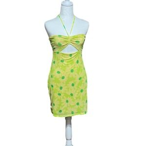 Revolve AFRM Lime Green Floral Mesh Mini Dress Halter Cutout Ruched Small